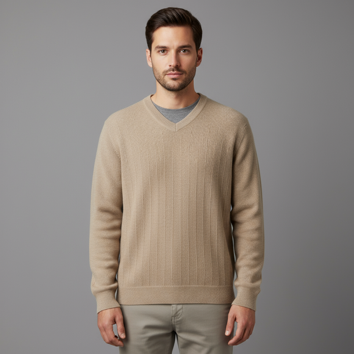 Pull Homme Col V Maille Côtelée