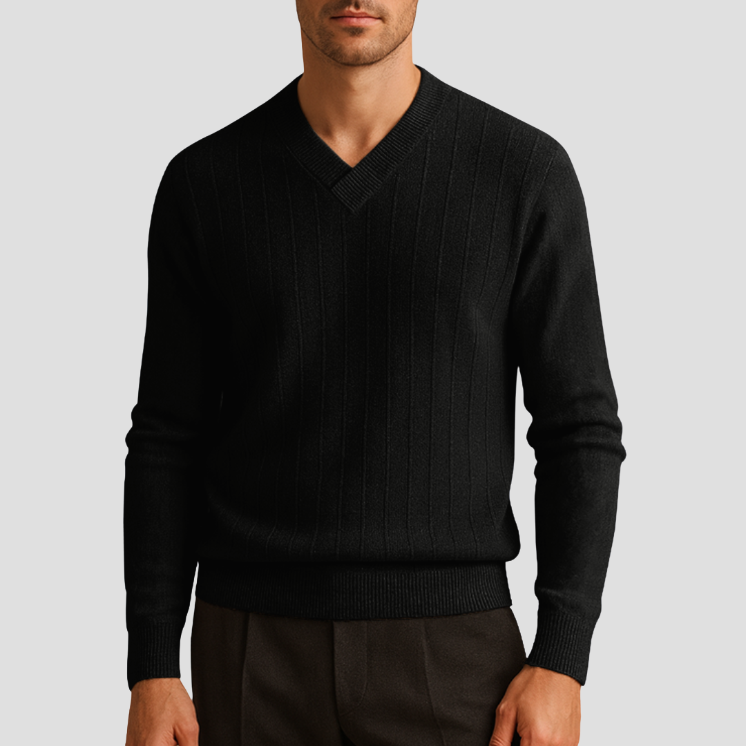 Pull Homme Col V Maille Côtelée