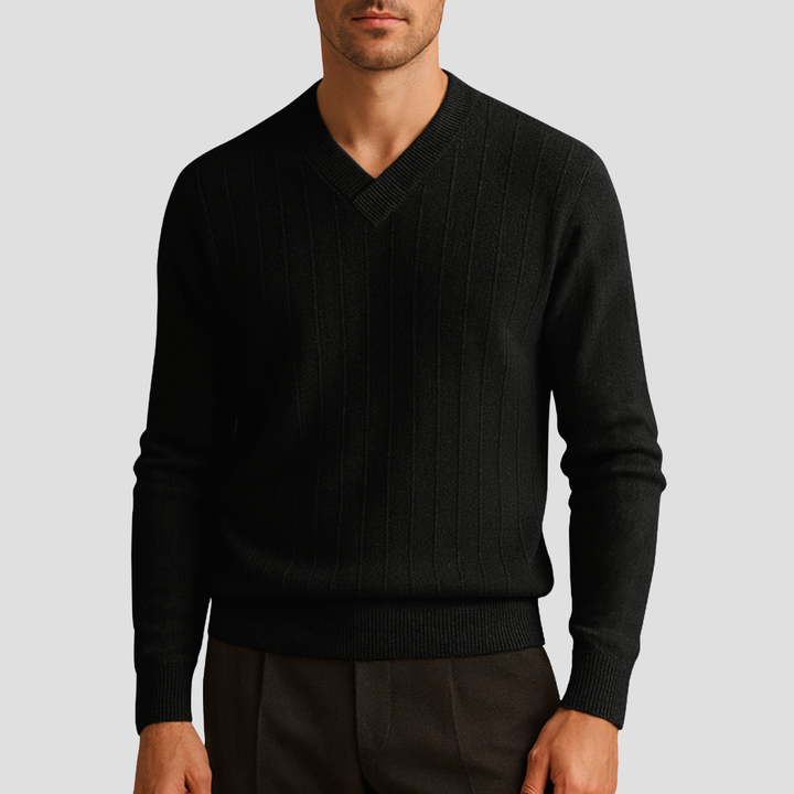 Pull Homme Col V Maille Côtelée