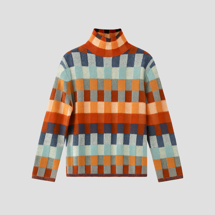 Pull Femme Col Roulé Patchwork Orange