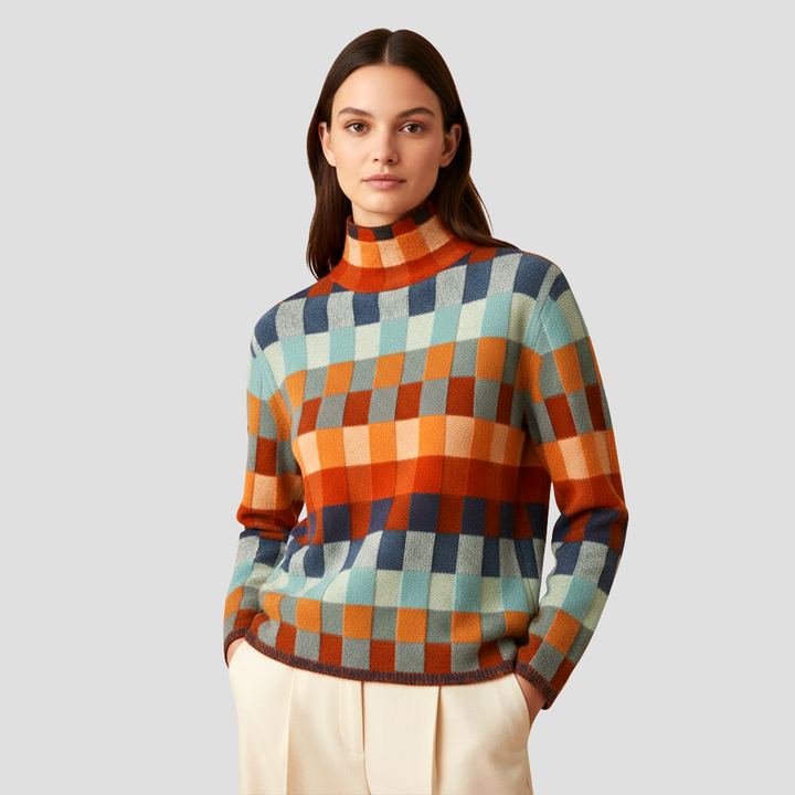 Pull Femme Col Roulé Patchwork Orange