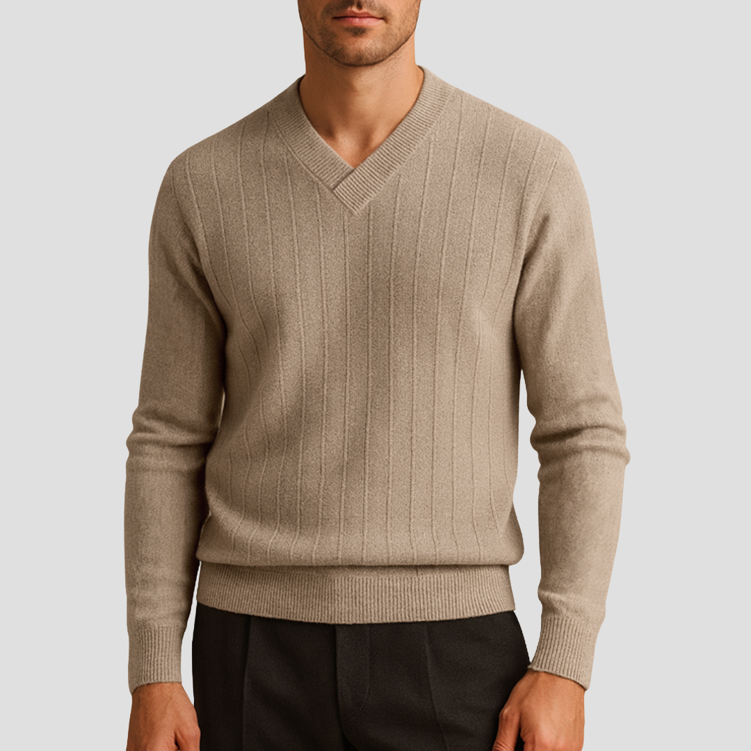 Pull Homme Col V Maille Côtelée