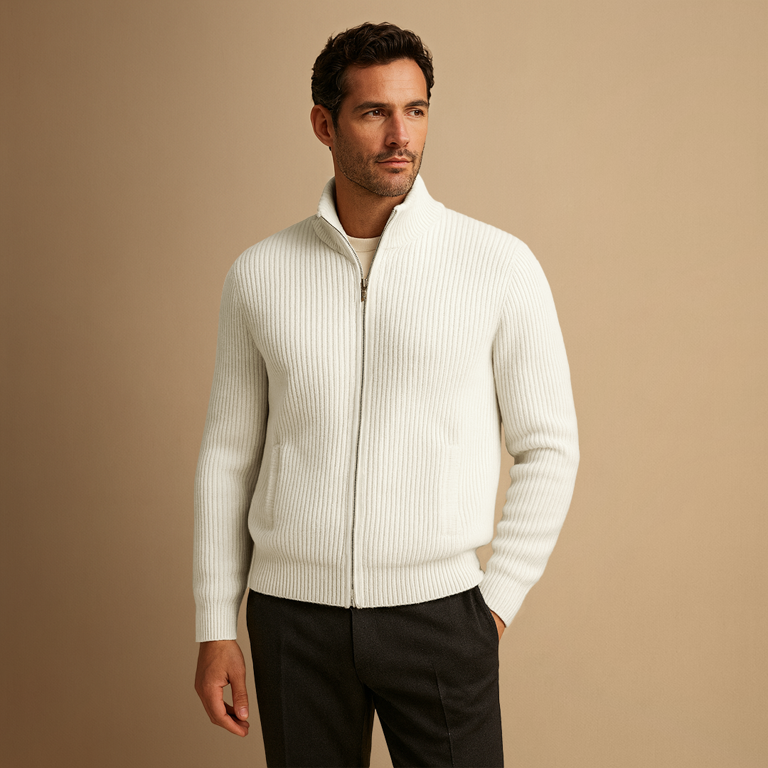 Cardigan Homme Zippé Maille Côtelée | Col Montant