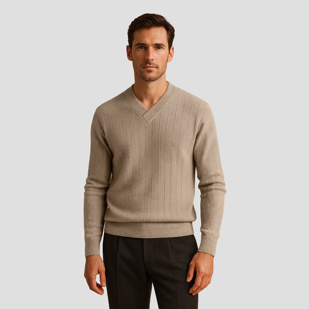 Pull Homme Col V Maille Côtelée