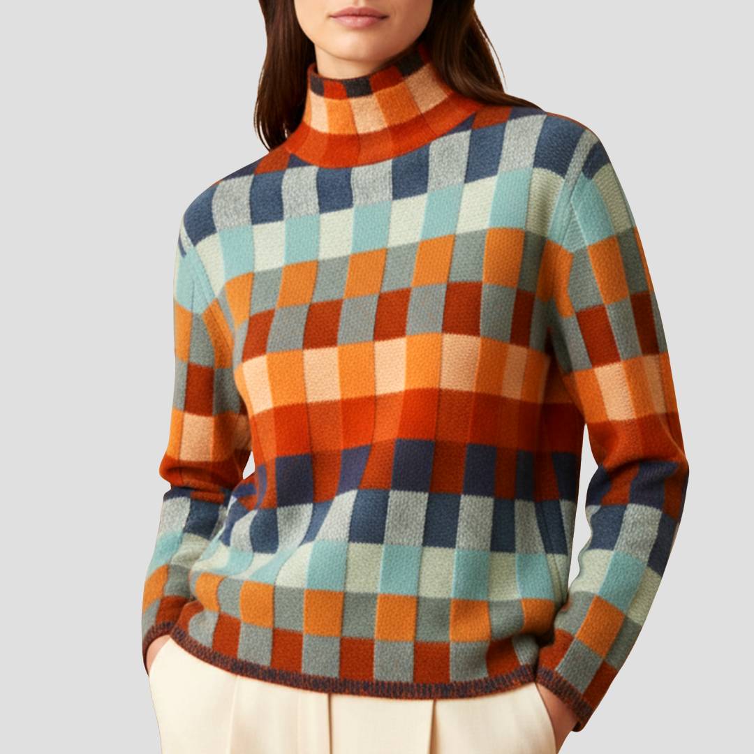 Pull Femme Col Roulé Patchwork Orange