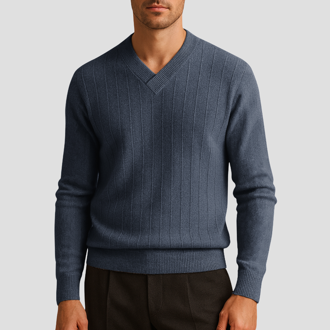 Pull Homme Col V Maille Côtelée