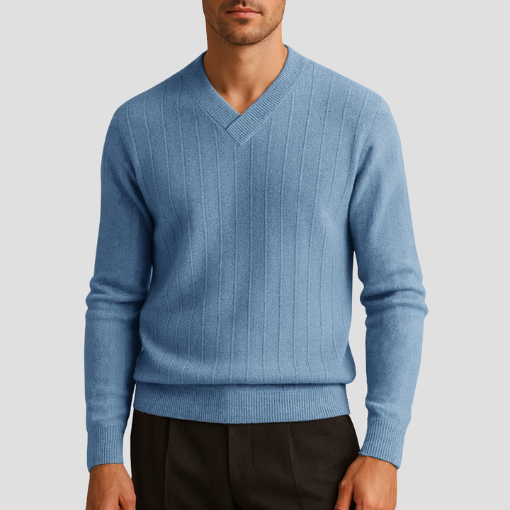 Pull Homme Col V Maille Côtelée