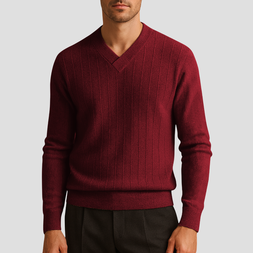 Pull Homme Col V Maille Côtelée