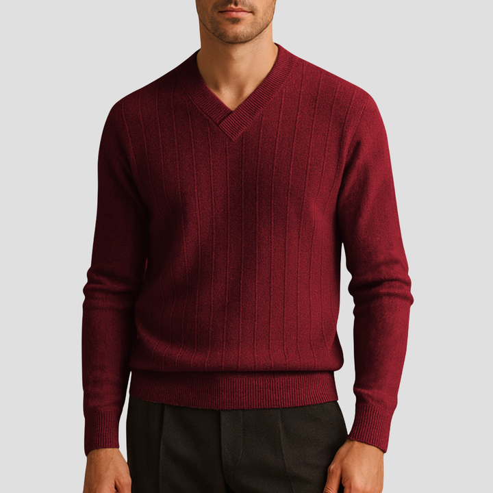 Pull Homme Col V Maille Côtelée
