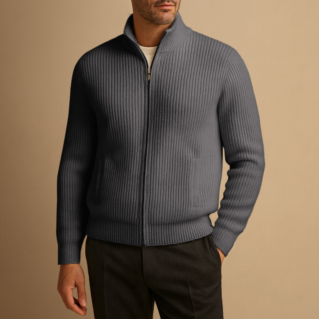 Cardigan Homme Zippé Maille Côtelée | Col Montant
