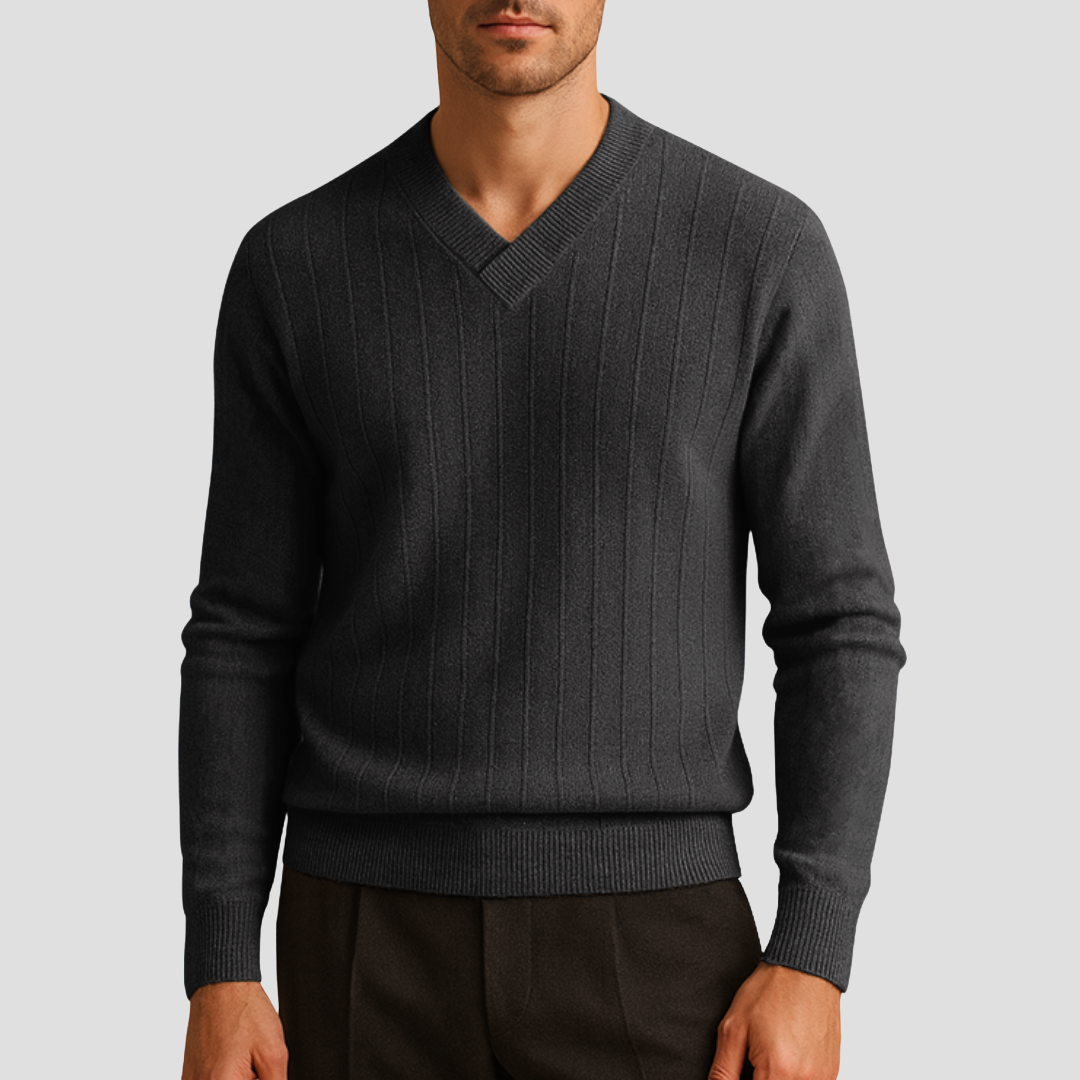 Pull Homme Col V Maille Côtelée