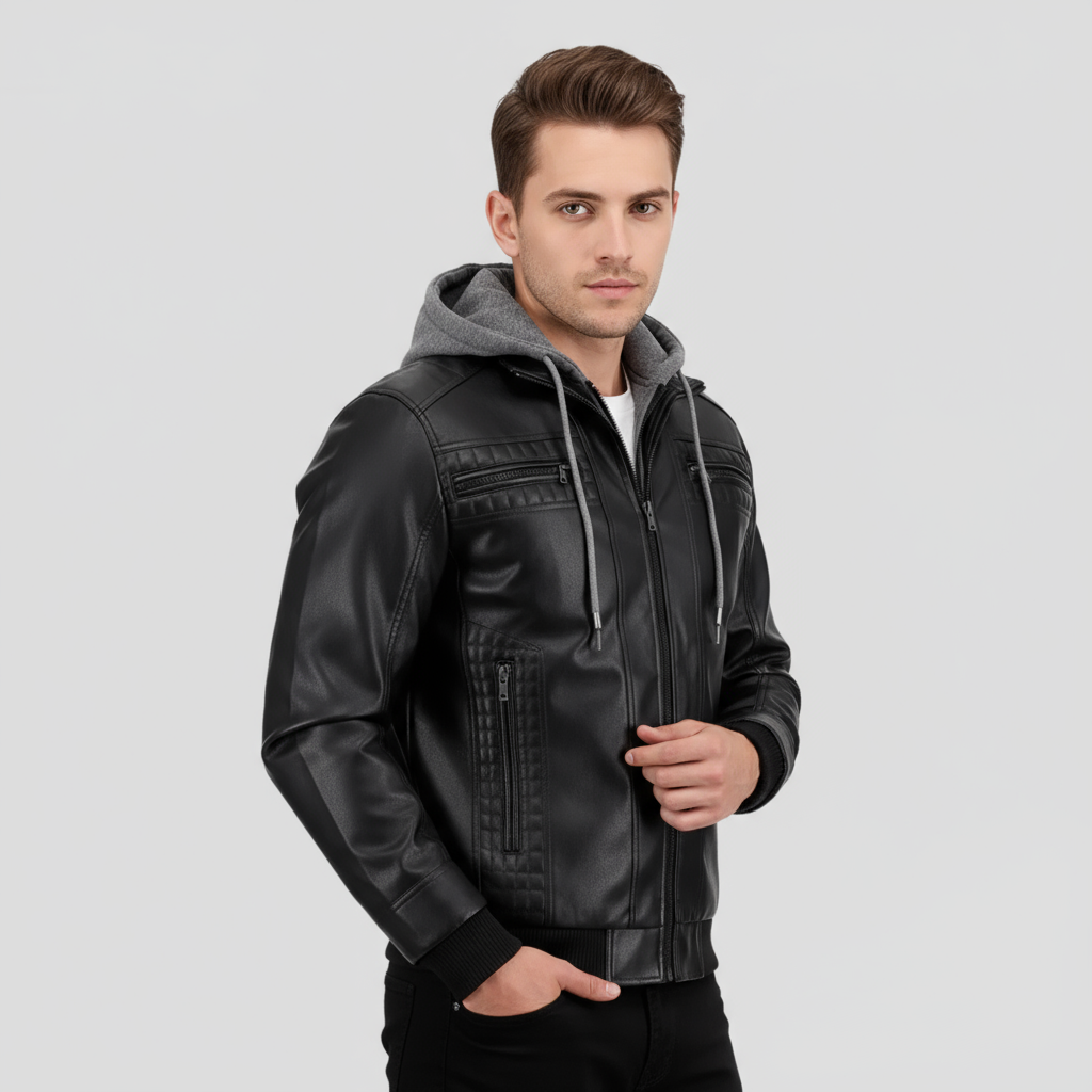 Veste Motard Homme Cuir à Capuche